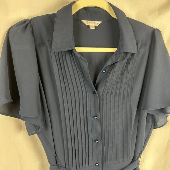 Nanette Lepore Flutter Sleeve Pintuck Shirt‎ Dress Women 4 Navy Blue A Line Midi - Picture 6 of 14